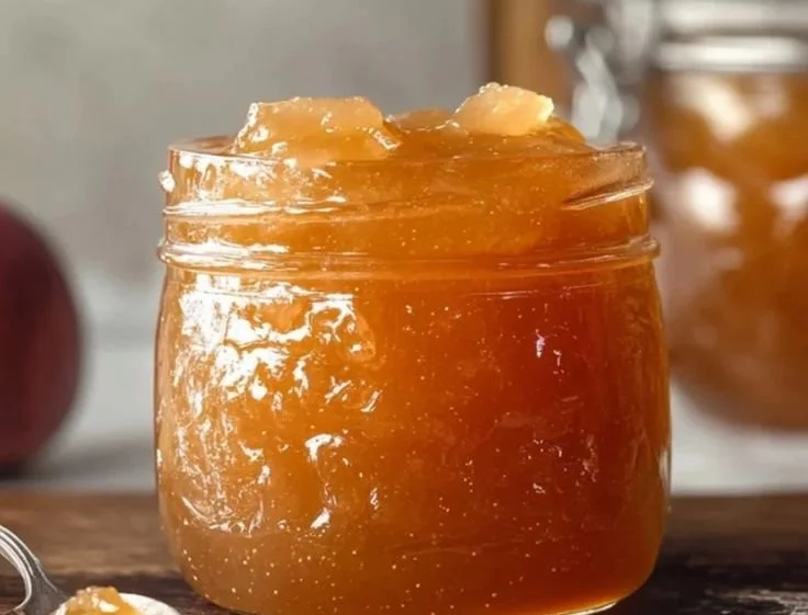 Jar of homemade apple jam with fresh apples and canning supplies