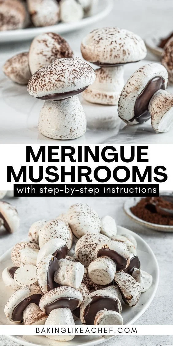 Delicious meringue mushrooms for Buche de Noel dessert decoration