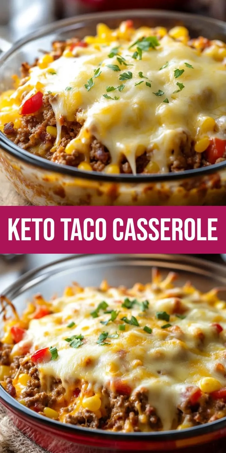 Delicious keto taco casserole topped with cheese and fresh ingredients