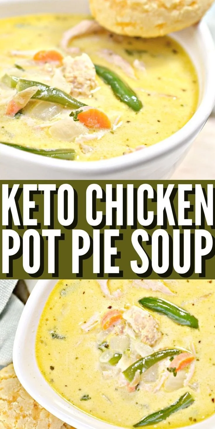 Bowl of Keto Chicken Pot Pie Soup garnished with herbs and veggies
