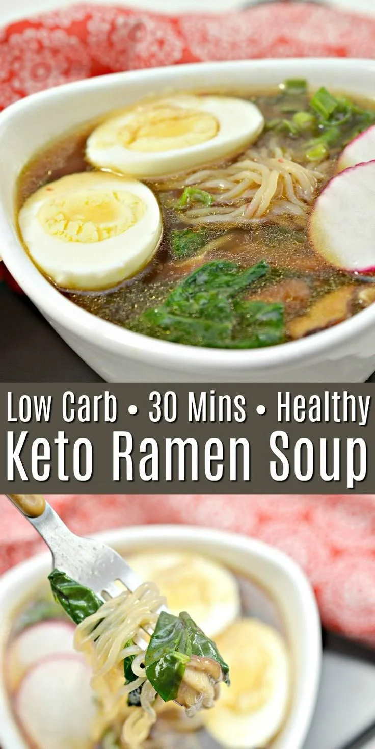 Delicious bowl of keto ramen soup topped with fresh vegetables and herbs