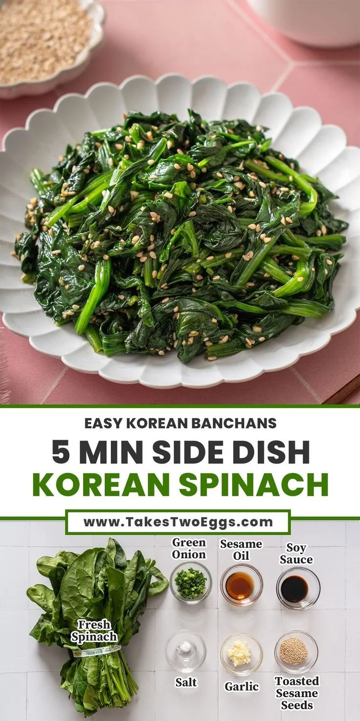 Korean spinach side dish Sigeumchi Namul served in a bowl.