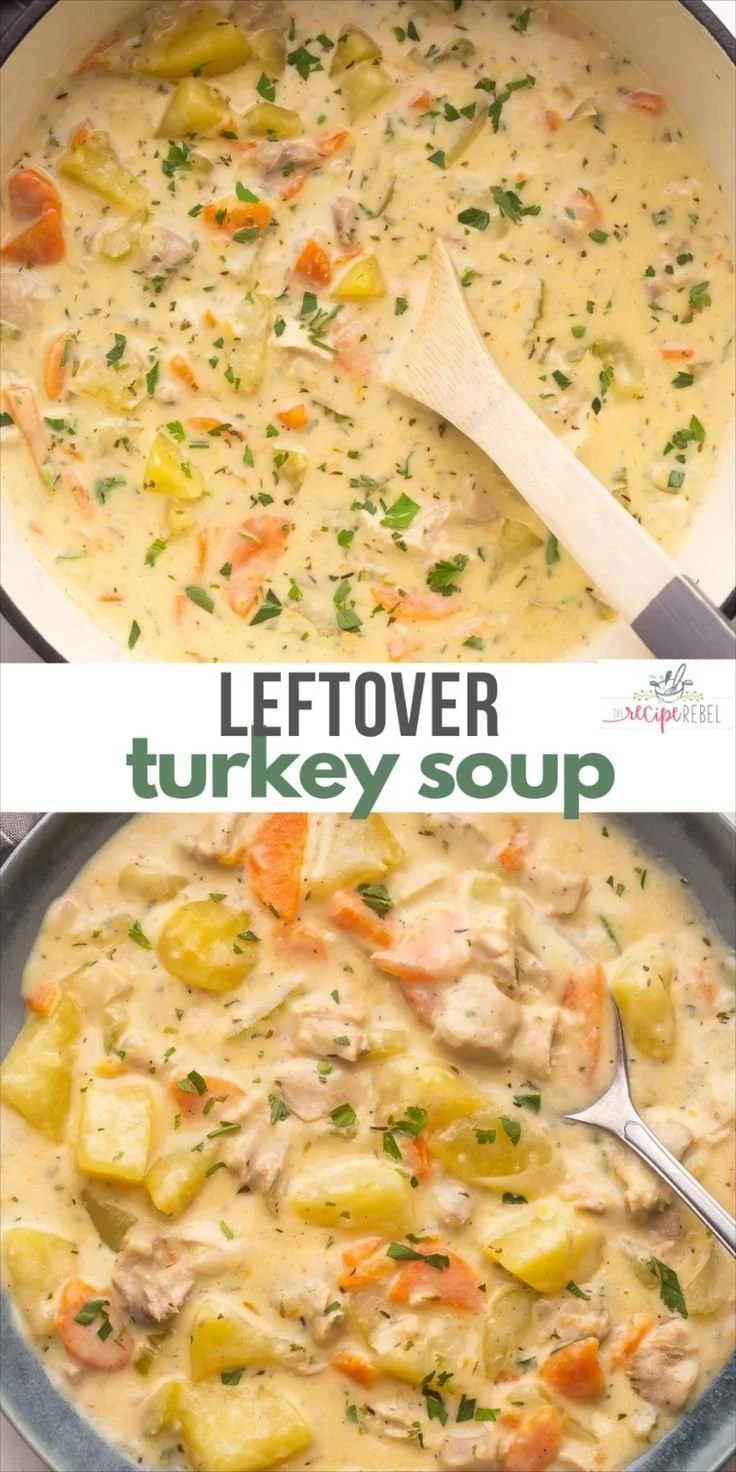 Bowl of flavorful leftover turkey soup with vegetables and herbs