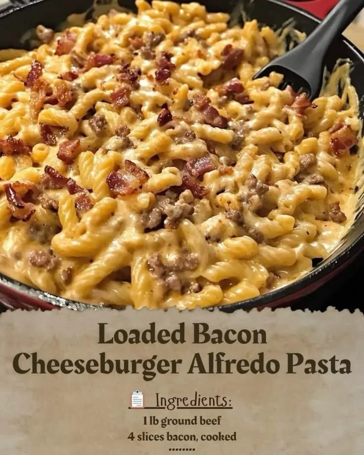 Delicious Loaded Bacon Cheeseburger Alfredo Pasta topped with bacon and cheese