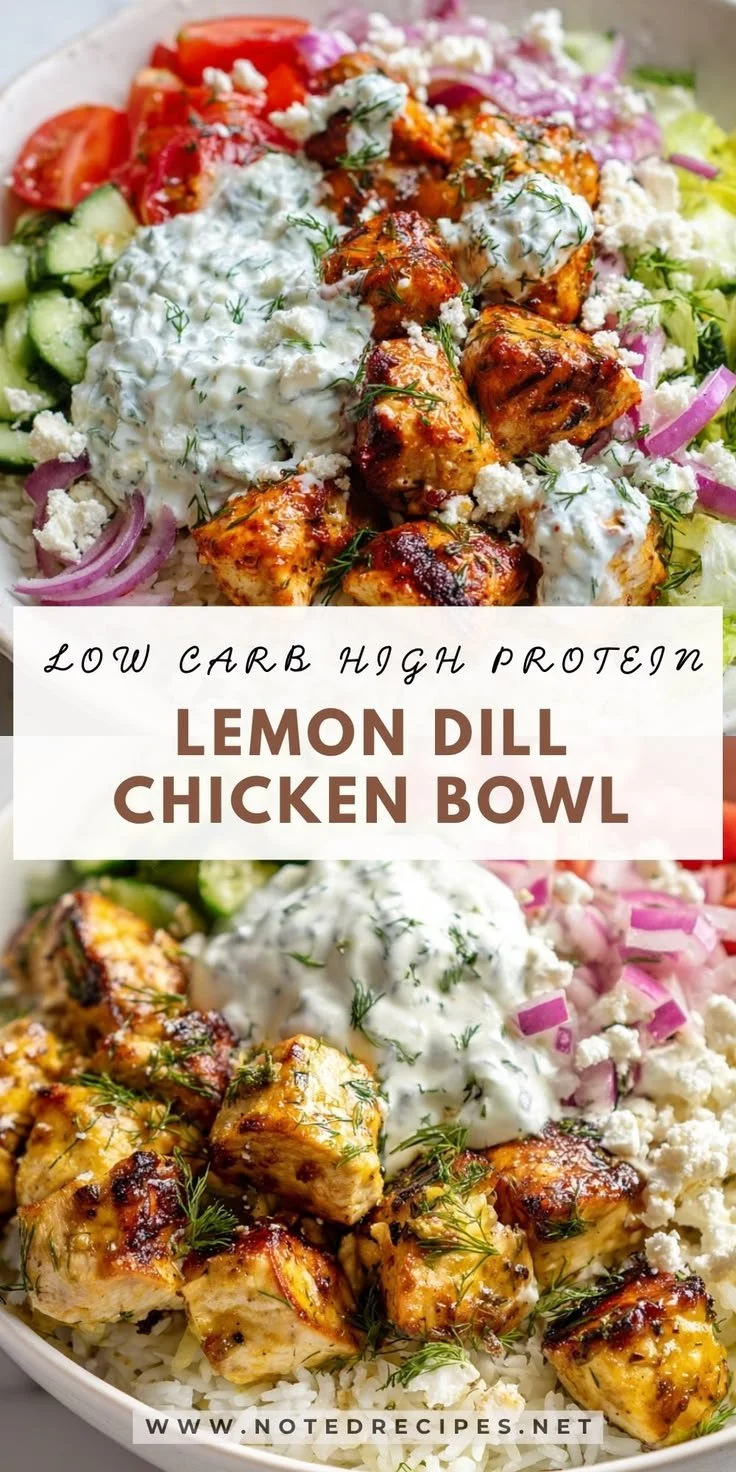 Low Carb High Protein Mediterranean Lemon Dill Chicken Bowl with fresh ingredients