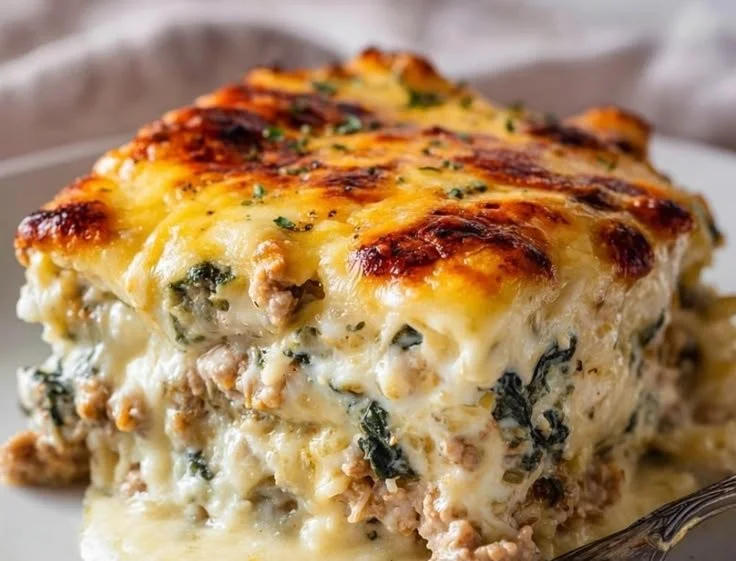 Low carb high protein turkey cheeseburger casserole served in a baking dish.