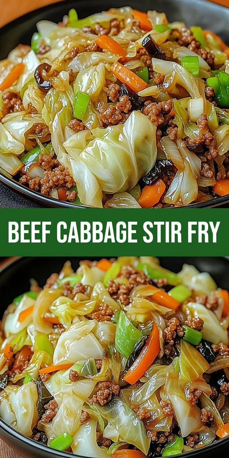 Delicious ground beef stir fry with cabbage in a skillet