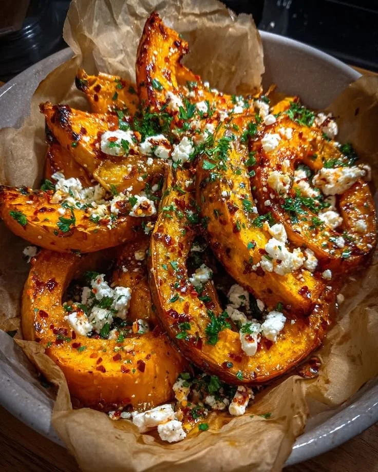 Maple roasted pumpkin with chili and feta served on a plate