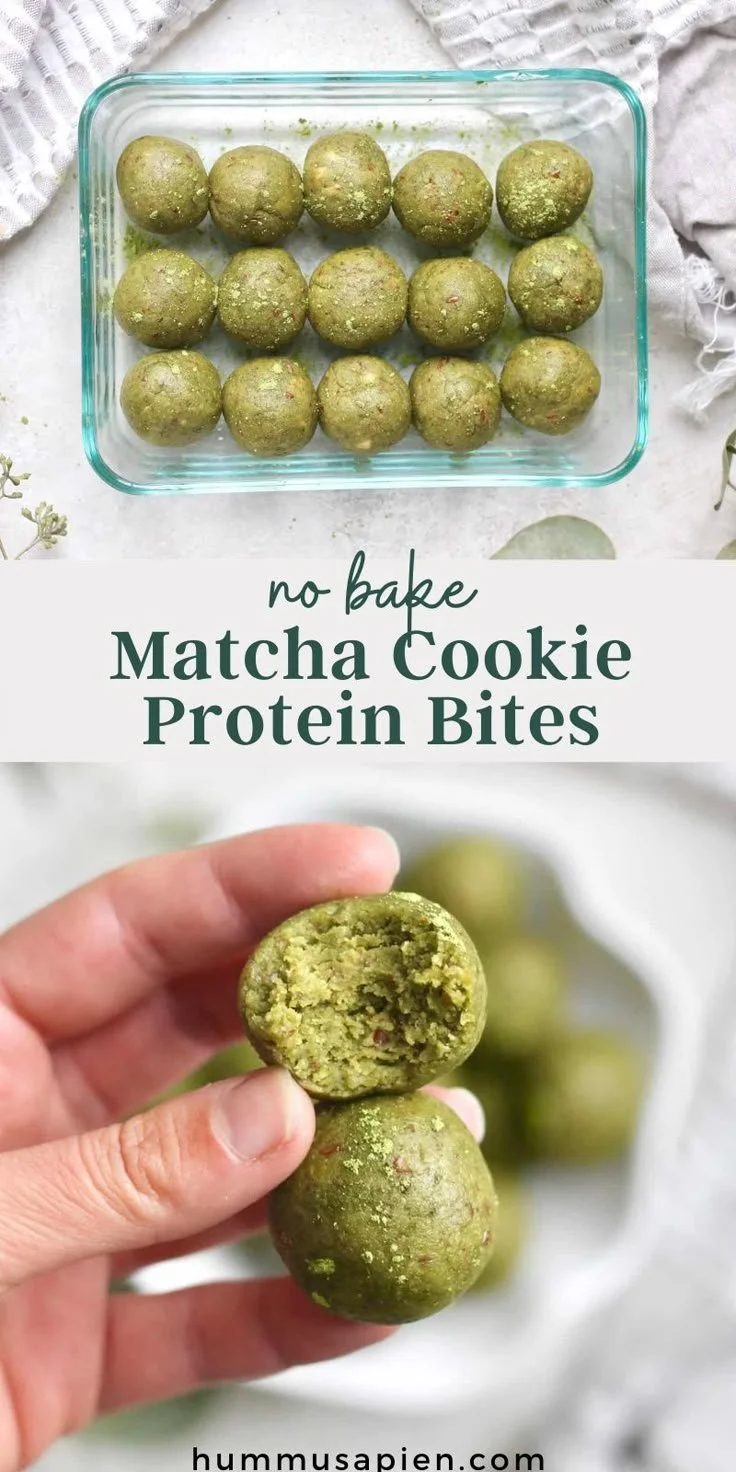 Matcha Cookie Protein Bites on a white plate with green matcha dusting