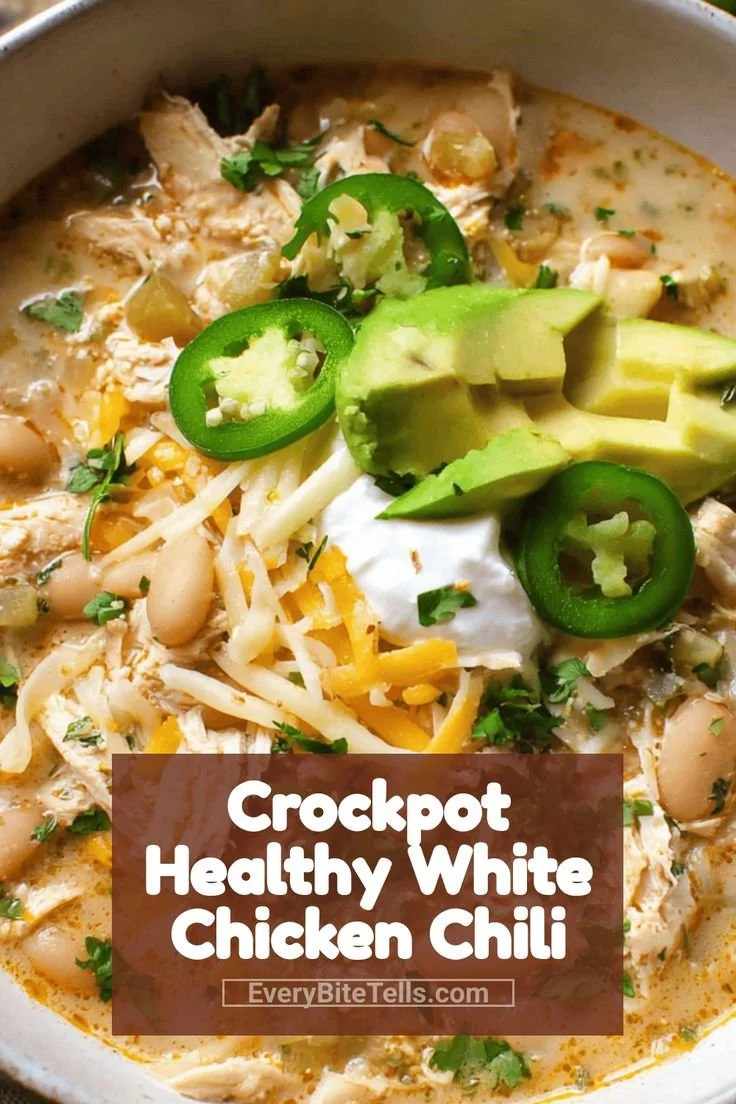 Healthy white chicken chili in a crockpot with fresh ingredients
