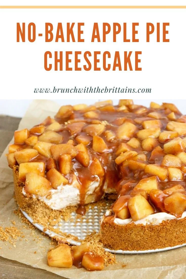 No-Bake Apple Pie Cheesecake topped with apple slices and caramel drizzle