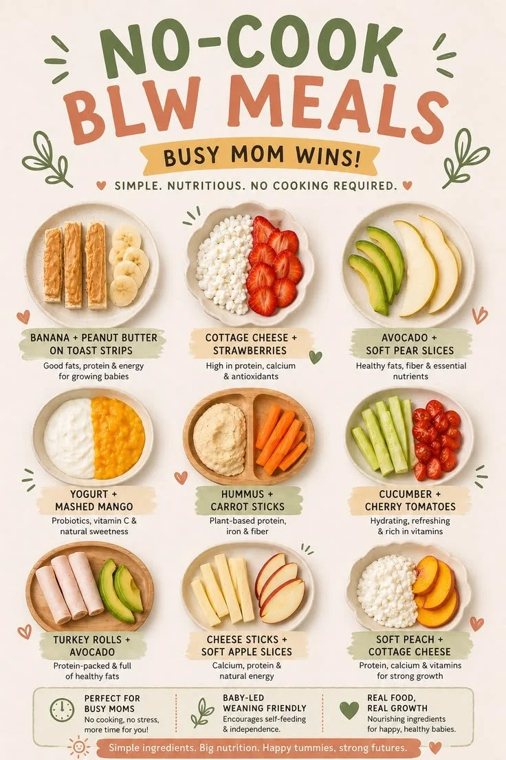 Easy no-cook baby-led weaning meal ideas for busy moms with babies 6 months and older.