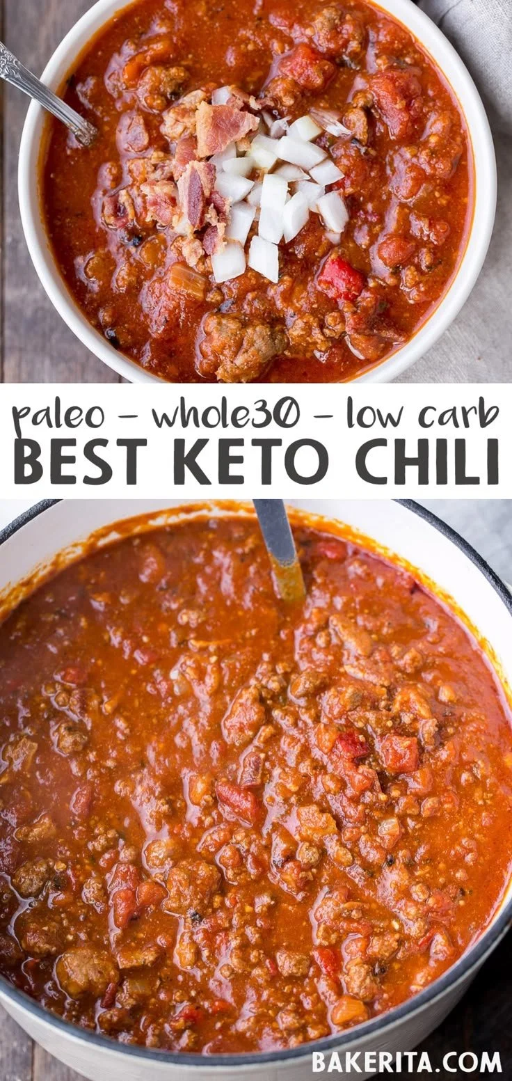 Bowl of Paleo Low-Carb Chili topped with fresh herbs