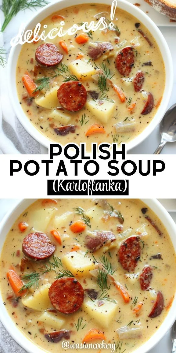 Bowl of creamy Polish potato soup garnished with herbs