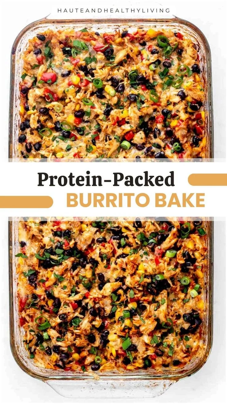 Delicious protein-packed burrito bake ready to serve in a baking dish.