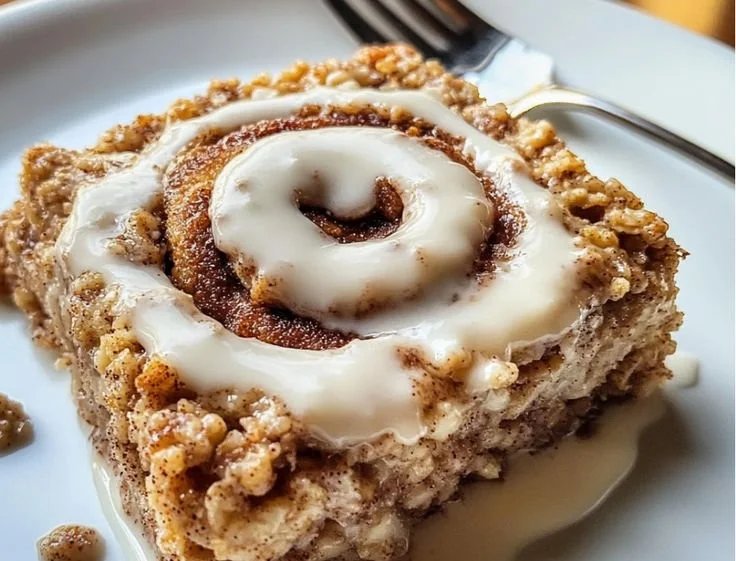 Delicious protein-rich Zimtschnecken-Baked Oatmeal served in a bowl, garnished with cinnamon.