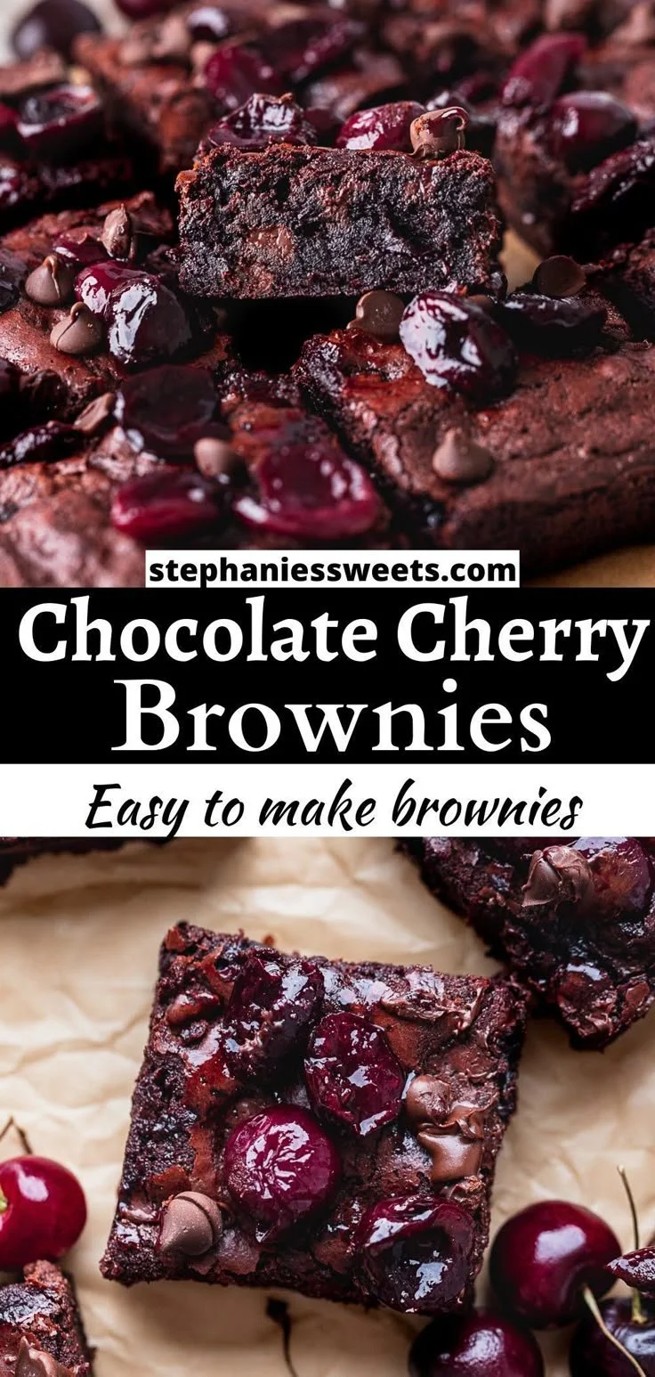 Delicious roasted cherry brownies topped with fresh cherries