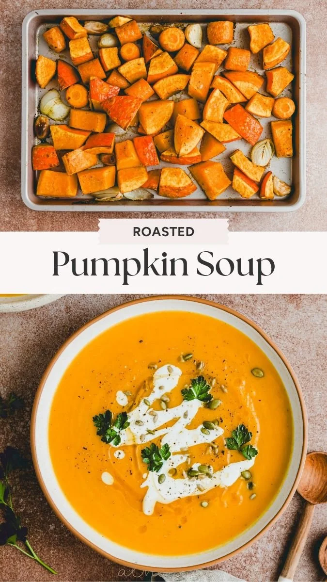 Bowl of delicious roasted pumpkin soup garnished with cream and herbs