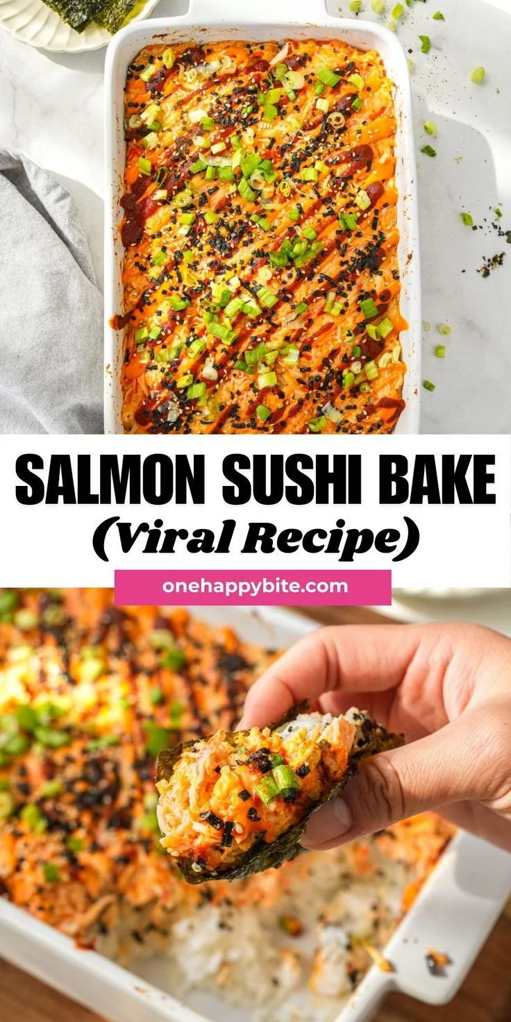 Delicious Salmon Sushi Bake recipe ready to serve with toppings