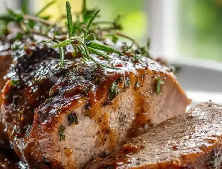 Slow cooker apple butter glazed pork tenderloin on a plate
