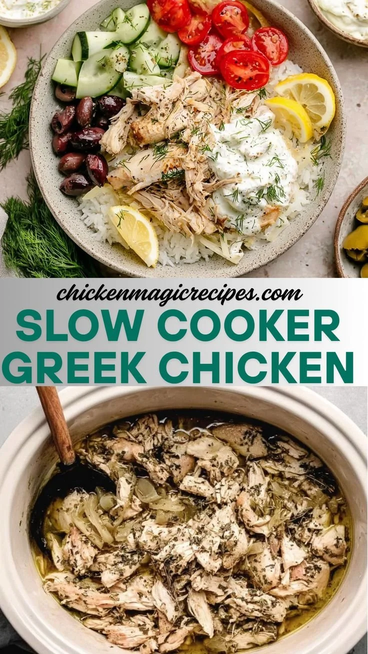 Delicious slow cooker Greek chicken garnished with herbs.