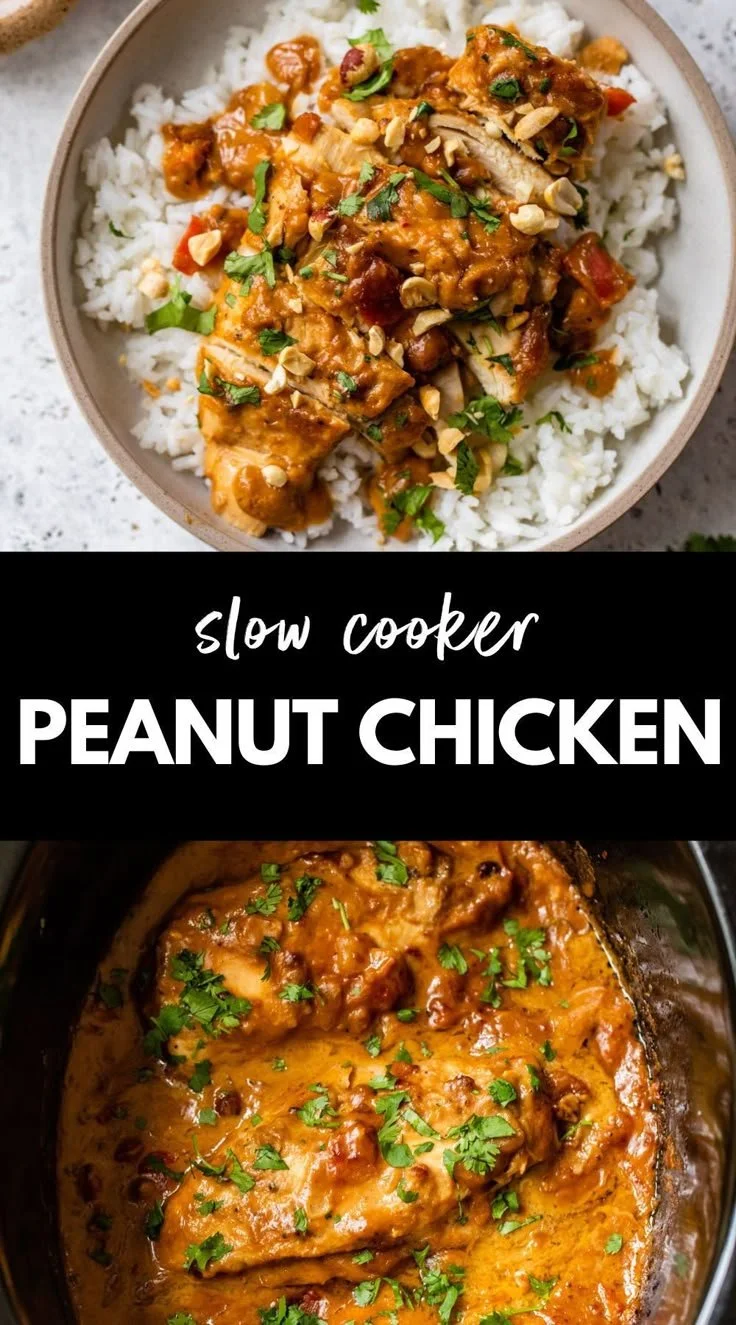 Slow cooker peanut chicken recipe with creamy sauce and tender chicken.