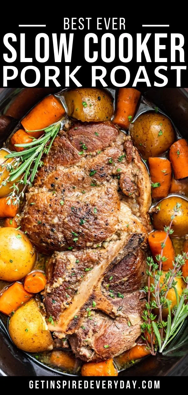 Delicious slow cooker pork roast served with vegetables
