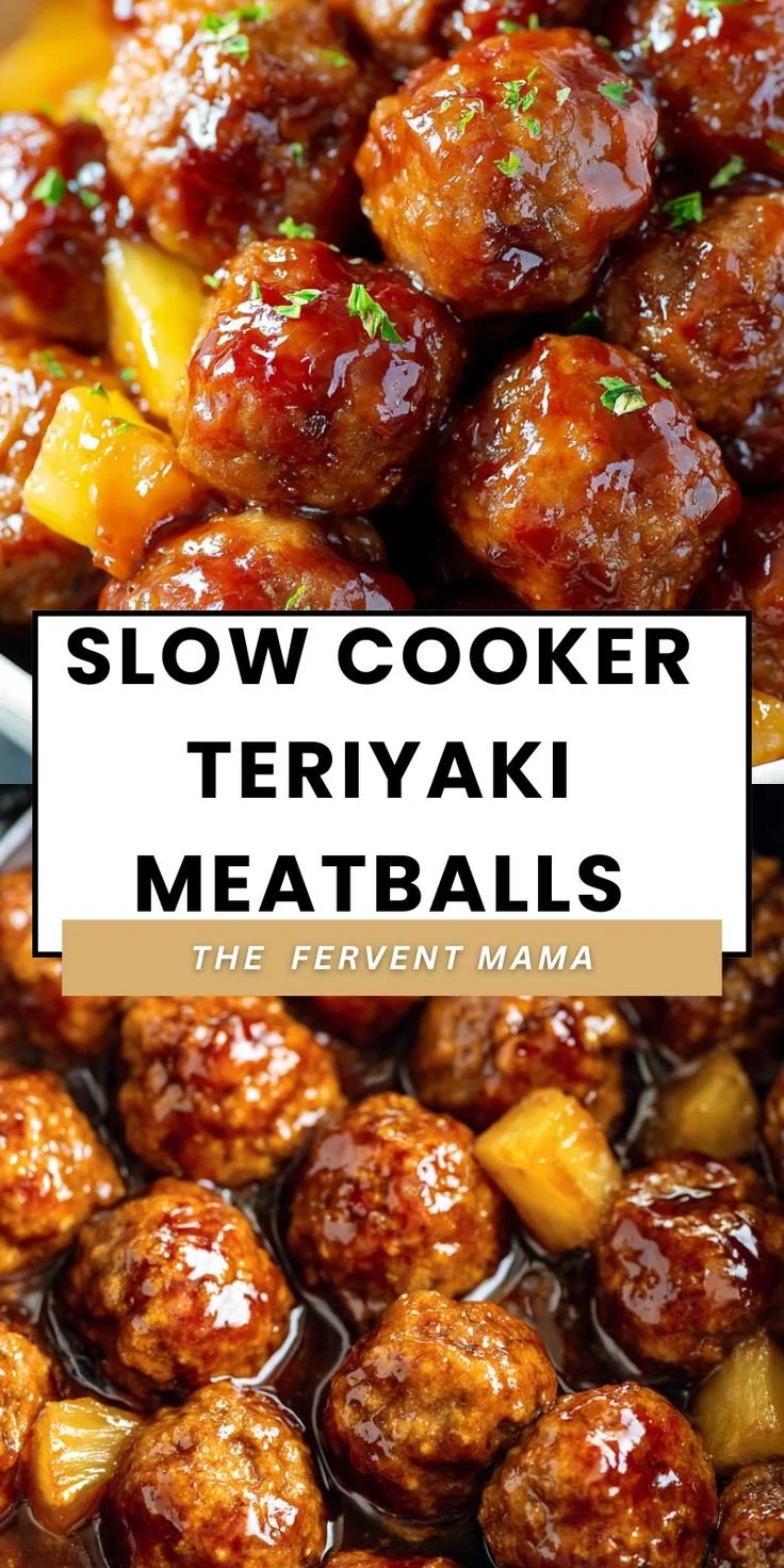 Slow cooker teriyaki meatballs served in a bowl with sauce and garnishments