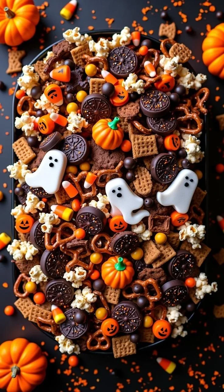 Colorful Halloween Snack Mix with spooky treats and candies for festive parties