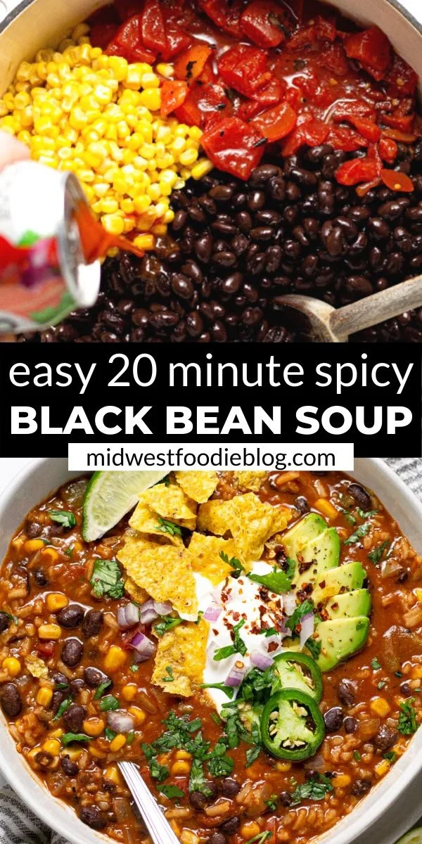 Bowl of spicy black bean soup topped with cilantro and lime