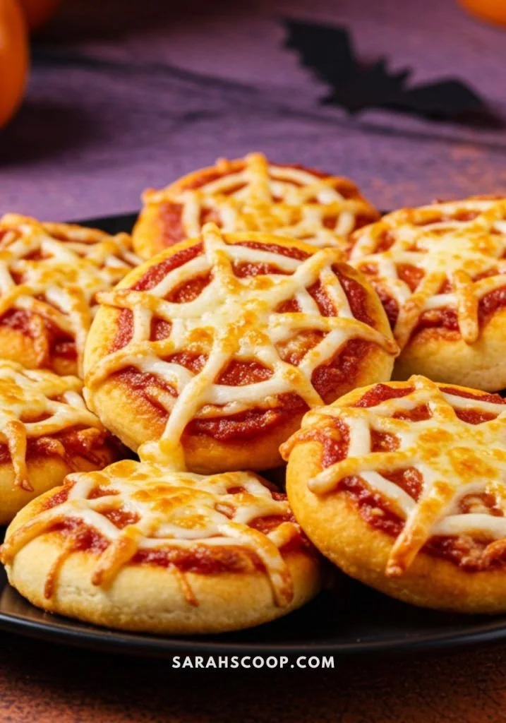 Spiderweb Pizza Bites with cheese and toppings on a plate