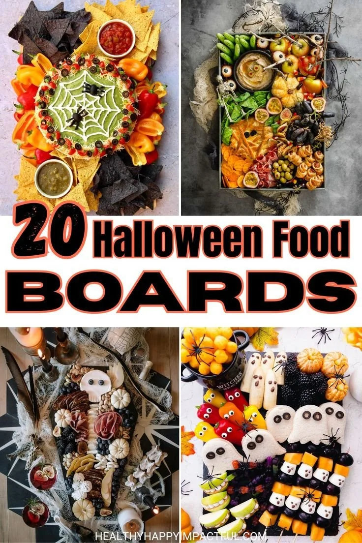 Spooky Halloween charcuterie board with themed treats and decorations