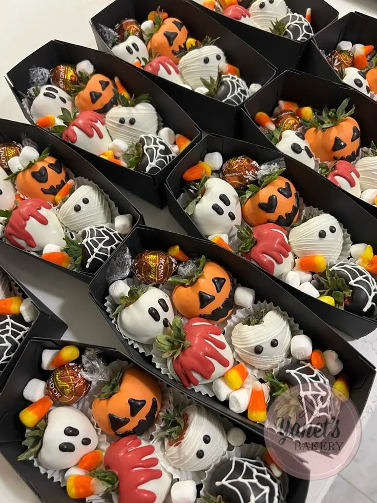 Spooky strawberry coffins decorated for Halloween party treats