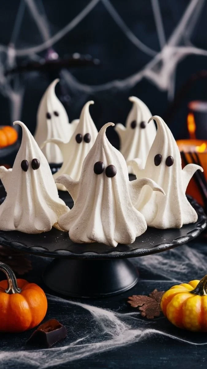 Spooky ghost meringues decorated for Halloween baking