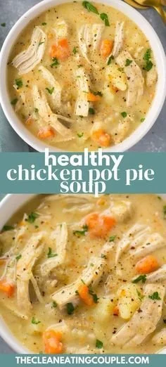 Bowl of comforting chicken pot pie soup made in stove, crockpot, and Instant Pot