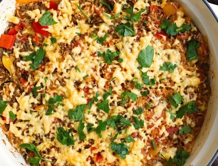 Delicious gluten-free stuffed pepper casserole served in a baking dish