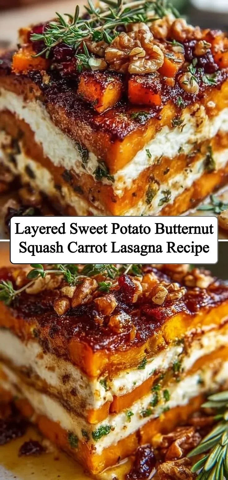 Delicious sweet potato lasagna layered with butternut squash in a baking dish.