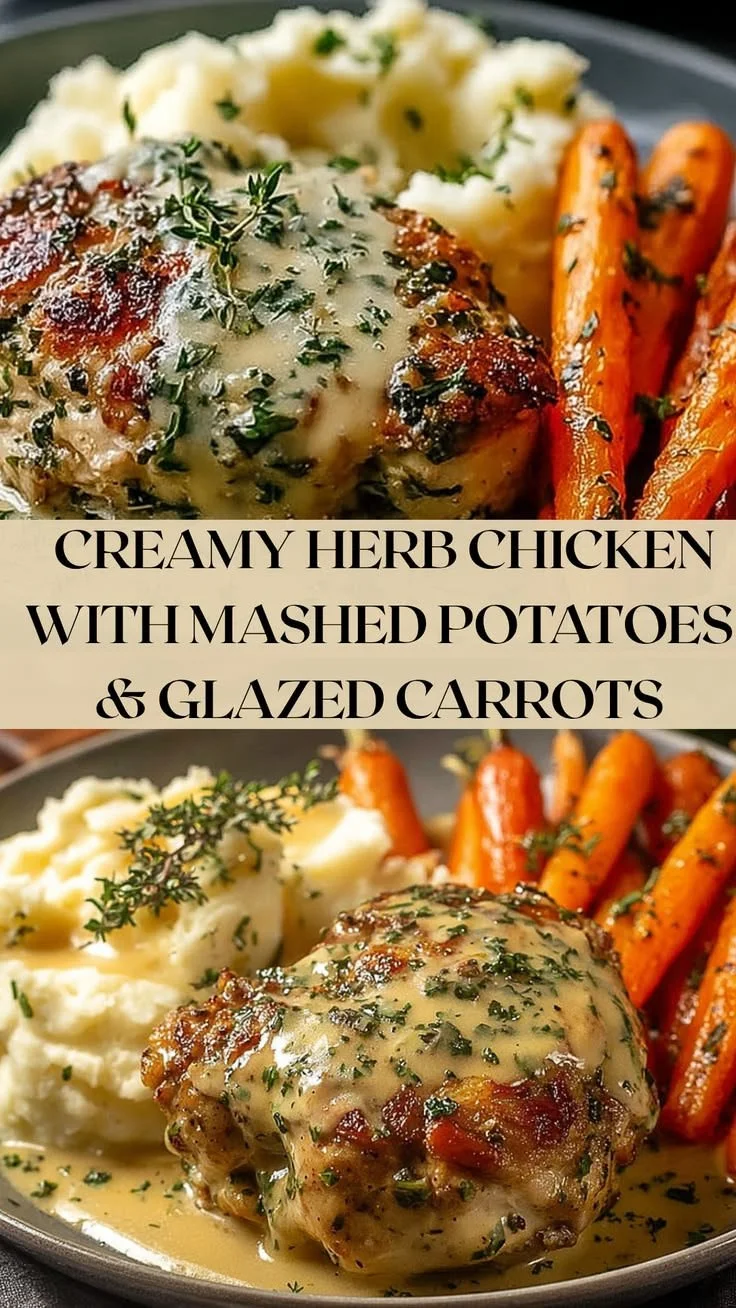 Creamy Herb Chicken with mashed potatoes and glazed carrots, a perfect comfort food meal.