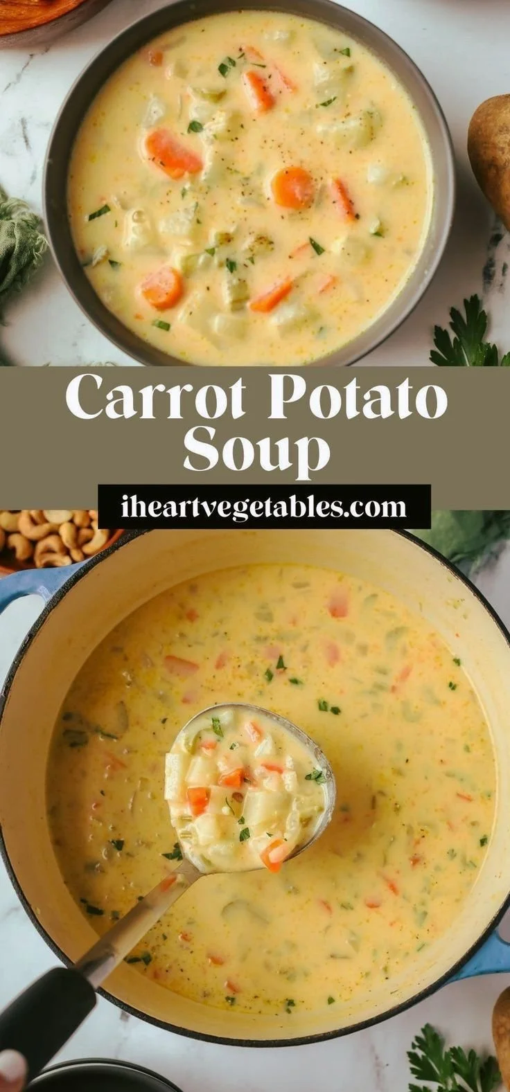 Bowl of vegan carrot potato soup garnished with fresh herbs