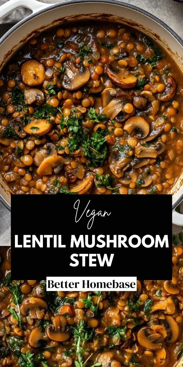 Bowl of Vegan Lentil Mushroom Stew with fresh herbs and vegetables