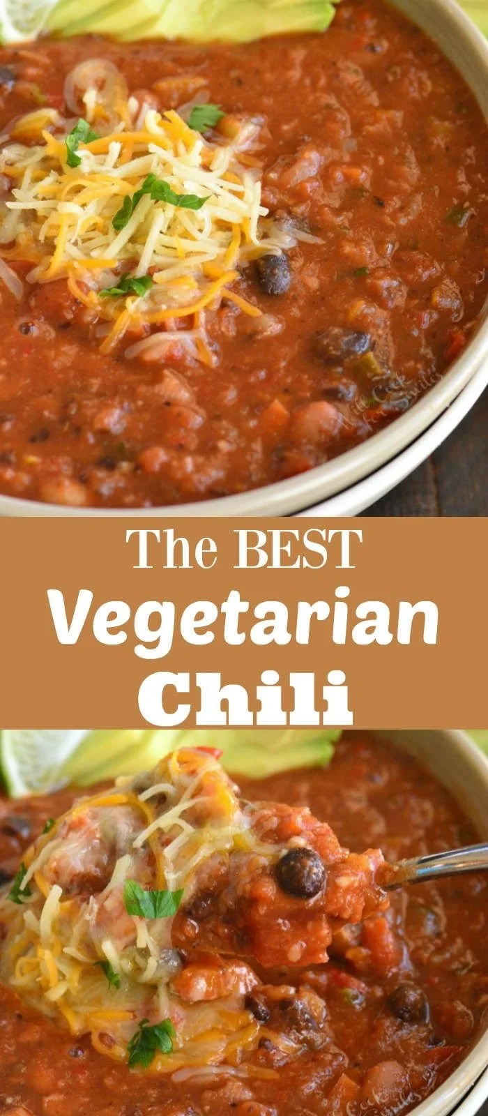 A bowl of colorful vegetarian chili made with beans and vegetables