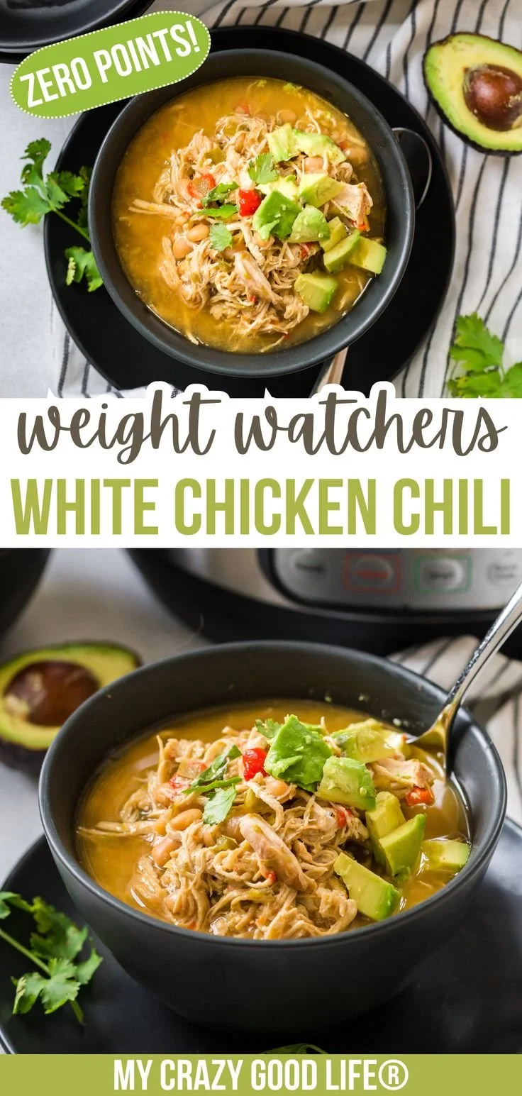 Bowl of WW White Chicken Chili garnished with cilantro and lime